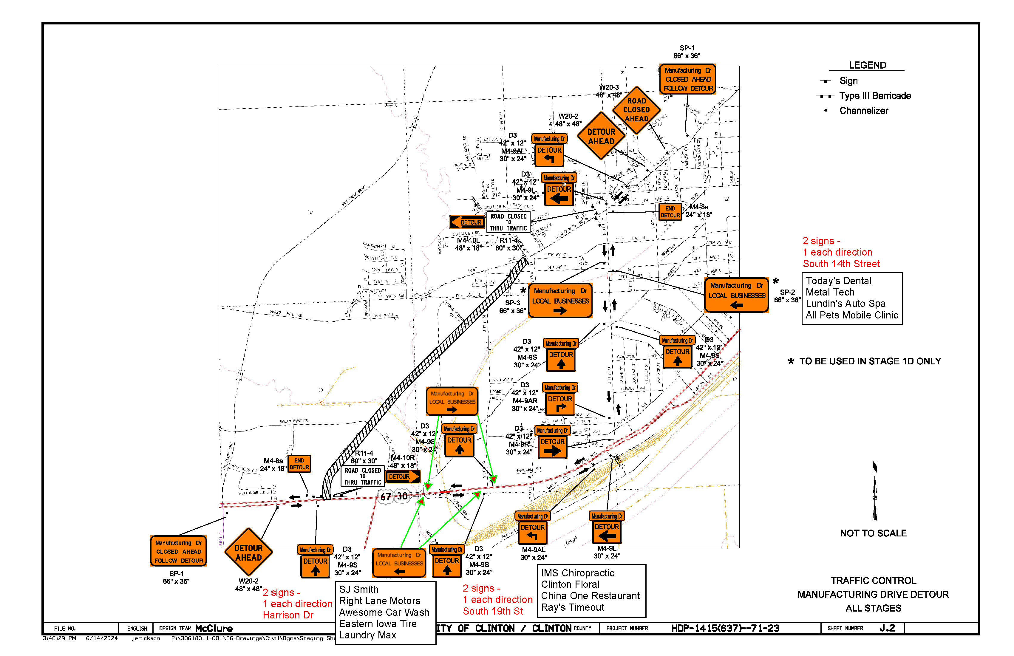 This map shows all the detours that will occur during Manufacturing Drive Road Work