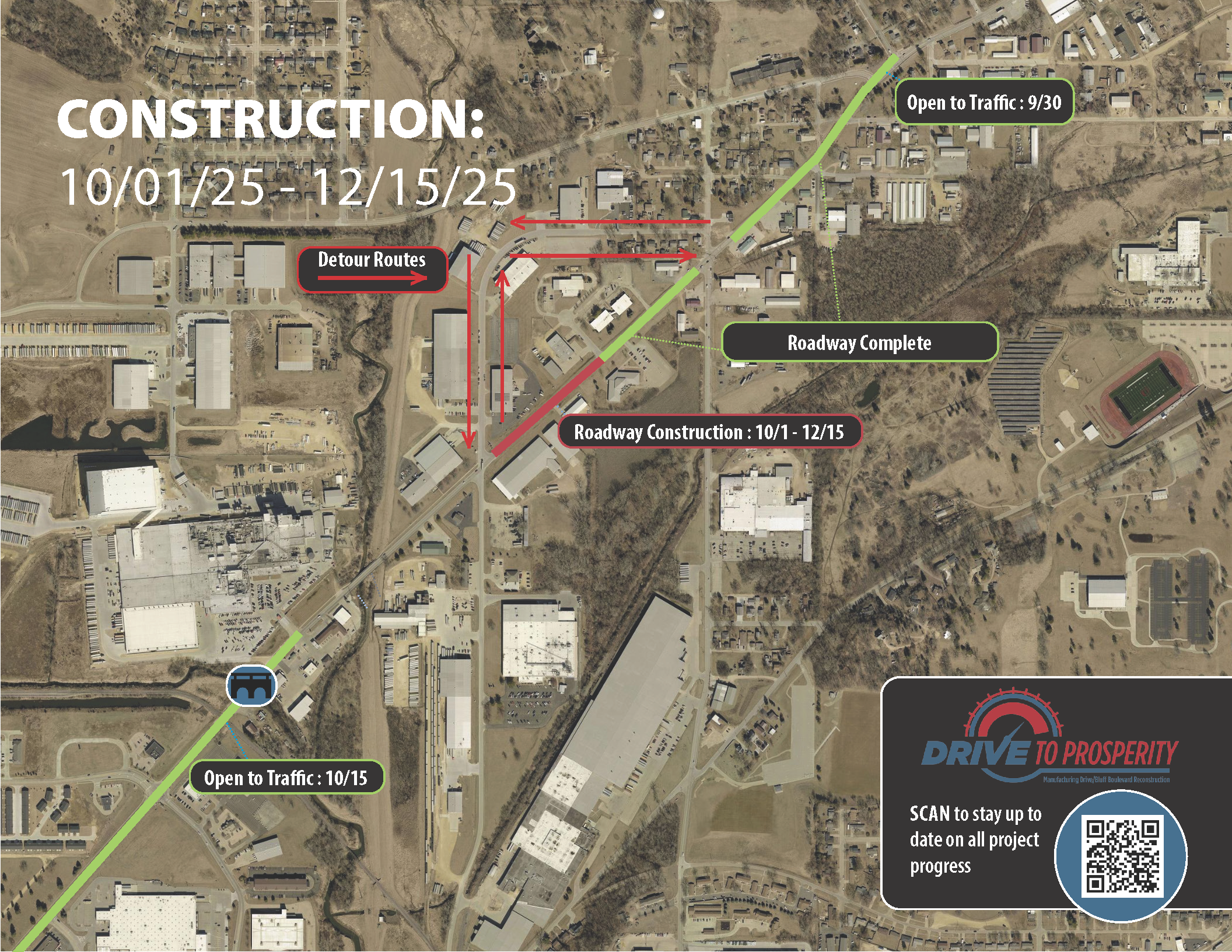 This map shows the detour for Manufacturing Drive for October 1, 2025 - December 15, 2025. 
